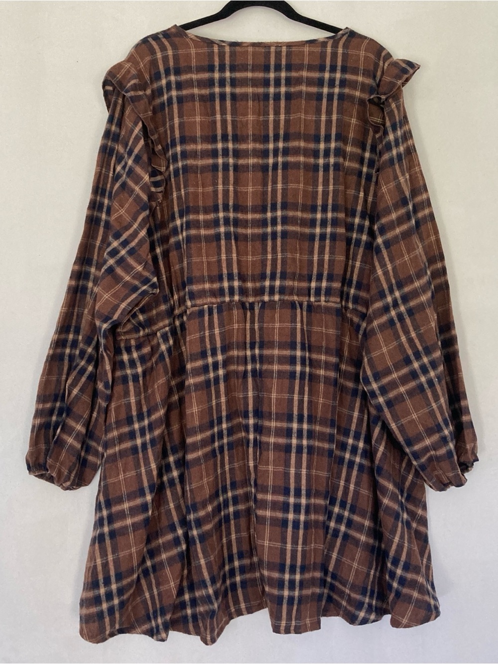 Bloomchic V Neck Plaid Ruffles Sleevele Dress brown Sz 30 Oversized - Picture 2 of 16
